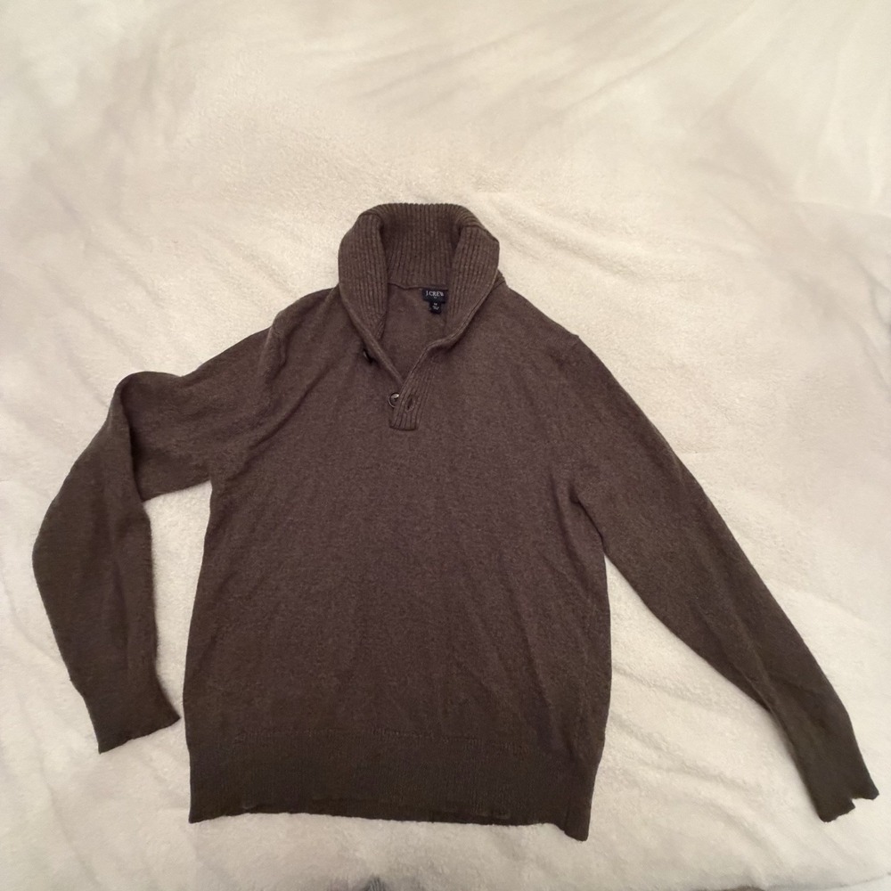 J.CREW Mens Olive Knit Shawl Neck Button Pullover Sweater Polyamide Lambs Wool M